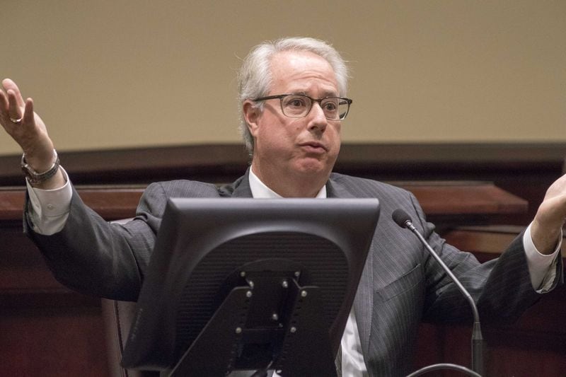 Sam Olens, president of Kennesaw State University and former Georgia attorney general, testifies Thursday, Nov. 30, 2017, at the trial of citizen-journalist Nydia Tisdale in Dawson Superior Court. 