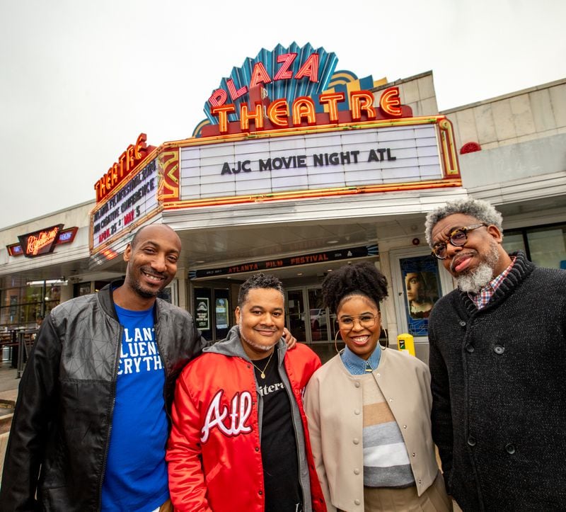 The Plaza Theater hosts the Atlanta Journal-Constitution’s first Black Culture Movie Night on Tuesday, March 26, 2024 showing the 2006 coming-of-age film ATL and a panel with the film’s Producer Dallas Austin and the AJC’s UATL Editor Mike Jordan after the movie.  The AJC’s UATL team, including Christopher Daniel, from left, Mike Jordan, Najja Parker and Ernie Suggs, attend the movie night, which will happen quarterly.  (Jenni Girtman for The Atlanta Journal-Constitution)