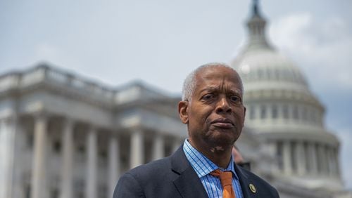 Congressmen Hank Johnson (D-GA) arrives at a press conference on the re-introduction of Restoring Artistic Protection Act (RAP Act) in Washington, DC on April 27th, 2023. (Nathan Posner for The Atlanta Journal-Constitution)