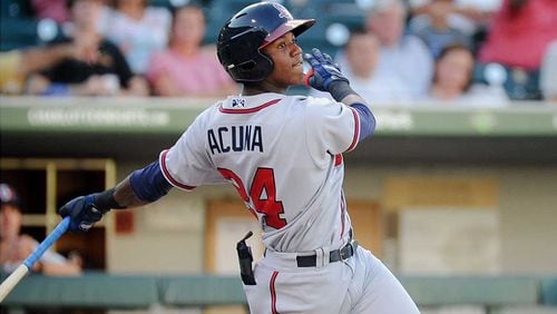 Gwinnett Braves outfielder Ronald Acuna takes a cut in a game in Charlotte during his first weekend in Class Triple-A. The top Braves prospect was hitting .294 since being called up from Class Double-A last week. (Photo by Laura Wolff/Charlotte Knights)