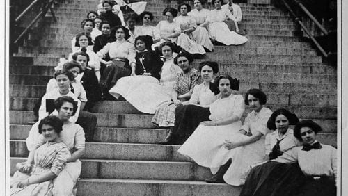 Photo of the Wesleyan class of 1913, posing in “K” formation. For generations, decade after decade, elite white families from across the South sent their daughters to Wesleyan College in Macon — the first chartered women’s college in the country founded in 1836. But wrapped in its traditions is a racist legacy that includes overt ties to the Ku Klux Klan. The yearbook in the early 1900s was called the Ku Klux and some classes identified with the Klan. COPY PHOTO