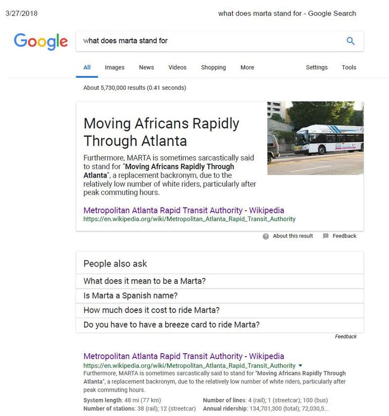 A screenshot of a search this week for “what does MARTA stand for” returning a featured snippet that did not provide the correct answer.