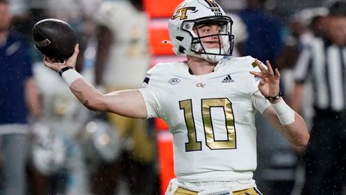 Georgia Tech quarterback Haynes King passes during the first half of an NCAA college football game against Miami, Saturday, Oct. 7, 2023, in Miami Gardens, Fla. (AP Photo/Wilfredo Lee)