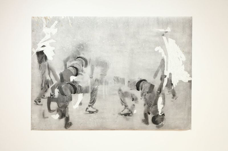 “On Belonging” features Jamaican-born, Atlanta-based artist Cosmo Whyte’s “Sweet, Sweet, Back” in charcoal and gold leaf on paper. Contributed by the High Museum of Art