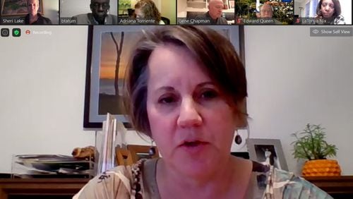 DeKalb County ethics officer Stacey Kalberman (center) and members of the DeKalb County ethics board met over Zoom Wednesday afternoon, their first gathering since 2018. SCREENSHOT