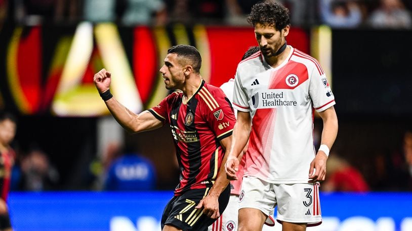 Atlanta United forward Giorgos Giakoumakis (7) celebrates after a goal during the second half of the match against New England Revolution at Mercedes-Benz Stadium in Atlanta on Wednesday May 31, 2023. (Photo by Mitchell Martin/Atlanta United)