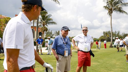 (L-R) Tyler Strafaci, Jack Nicklaus and Walker Cup captain Nathaniel Crosby chat during a practice round at the 2021 Walker Cup at Seminole Golf Club in Juno Beach, Fla. on Thursday, May 6, 2021. (Chris Keane/USGA)