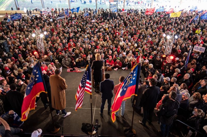 Sidney Powell addresses supporters of President Donald Trump during a "Stop the Steal" rally in Alpharetta, Georgia, on Wednesday, Dec. 2, 2020. (Ben Gray/Atlanta Journal-Constitution/TNS)