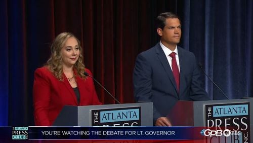 Democrat Sarah Riggs Amico and Geoff Duncan, a Republican, are running for lieutenant governor. Atlanta Press Club screenshot.