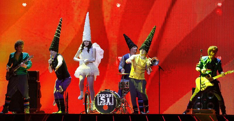 FILE - Moldovan band Zdob si Zdub performs the song 'So Lucky' during the rehearsal for the second semifinal of the Eurovision Song Contest in Duesseldorf, Germany, May 11, 2011. The 68th Eurovision Song Contest is taking place in May in Malmö, Sweden. It will see acts from 37 countries vie for the continent’s pop crown. Founded in 1956, Eurovision is a feelgood extravaganza that strives to banish international strife and division. It’s known for songs that range from anthemic to extremely silly, often with elaborate costumes and spectacular staging. (AP Photo/Frank Augstein, File)