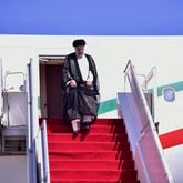 In this photo released by Pakistan's Ministry of Foreign Affairs, Iranian President Ebrahim Raisi gets down from plane upon his arrival in Islamabad, Pakistan, Monday, April 22, 2024. Raisi arrived in Islamabad on a three-day visit on Monday, during which he will discuss a range of issues with authorities in Pakistan's capital, officials said. (Ministry of Foreign Affairs via AP)