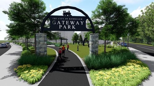 An artist’s rendering of Kennesaw’s Gateway Park shows a portion of the many amenities planned for the 12.5-acre Depot Park at an estimated total cost of $8.8 million for completion by 2022. Courtesy of tsw-design.com