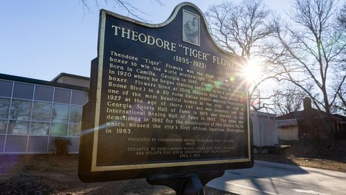 A historical marker featuring Theodore “Tiger” Flowers is located at Atlanta Fire Station 16. Arvin Temkar / arvin.temkar@ajc.com
