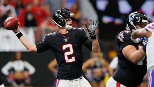 Matt Ryan  of the Atlanta Falcons drops back to pass during the first half against the Buffalo Bills at Mercedes-Benz Stadium on October 1, 2017 in Atlanta, Georgia. (Photo by Kevin C.  Cox/Getty Images)
