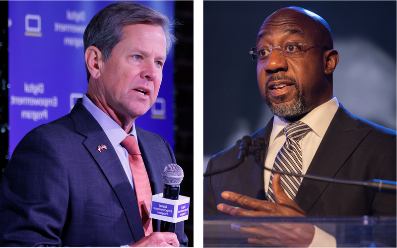 Republican Gov. Brian Kemp (left) and Democratic U.S. Sen. Raphael Warnock agree on little, but both won reelection in 2022 with strong support from middle-of-the-road voters. Now they have become figures on the national political landscape who could help influence the 2024 presidential election. AJC file photos.