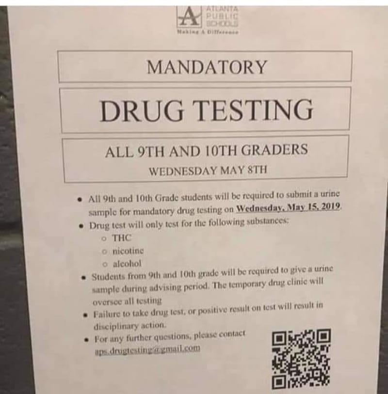 A fake flyer circulating on Facebook claims Atlanta Public Schools is requiring all ninth and 10th graders to undergo drug testing for pot, alcohol and nicotine. The district said the flyer is a hoax and it is investigating the source.