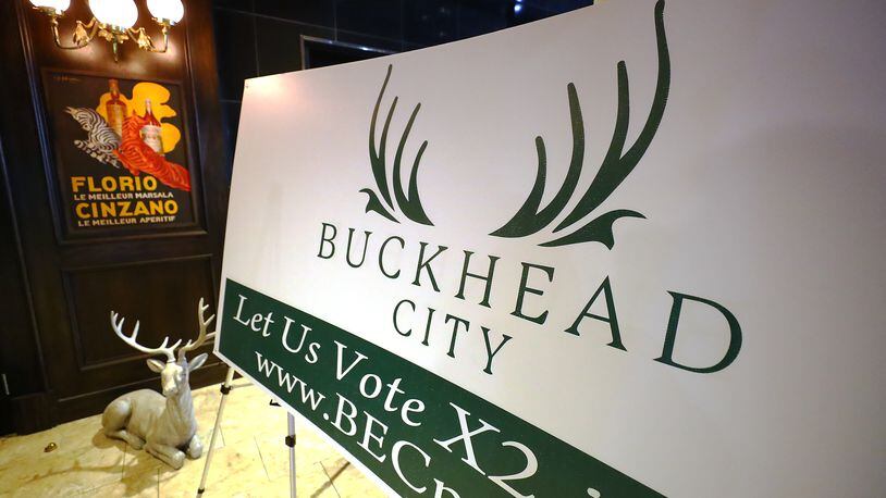 012422 Buckhead: A large sign greets guests at the Buckhead cityhood movement fundraiser on Monday, Jan. 24, 2022, in Buckhead. The Buckhead cityhood organization is starting a political action committee with $1 million in the bank, Buckhead City Committee chief executive Bill White told several hundred donors at Bistro Niko.   “Curtis Compton / Curtis.Compton@ajc.com”`