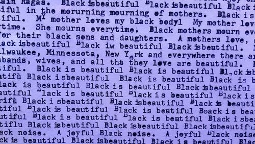 A detail of artist Paul Stephen Benjamin's "Black is Beautiful" (2019), manually typed text on cotton paper.
Courtesy of Stephanie Lloyd