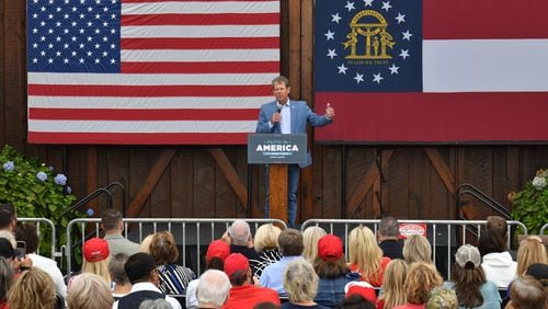 September 15, 2020 Cumming - Governor Brian Kemp speaks during the 'Evangelicals for Trump: Praise, Prayer, and Patriotism' event at Reid Barn in Cumming on Tuesday, September 15, 2020. Other guests include Pastor Paula White, Pastor Jentezen Franklin, Dr. Alveda King, Pastor Todd Lamphere, and Pastor Tony Suarez. (Hyosub Shin / Hyosub.Shin@ajc.com)