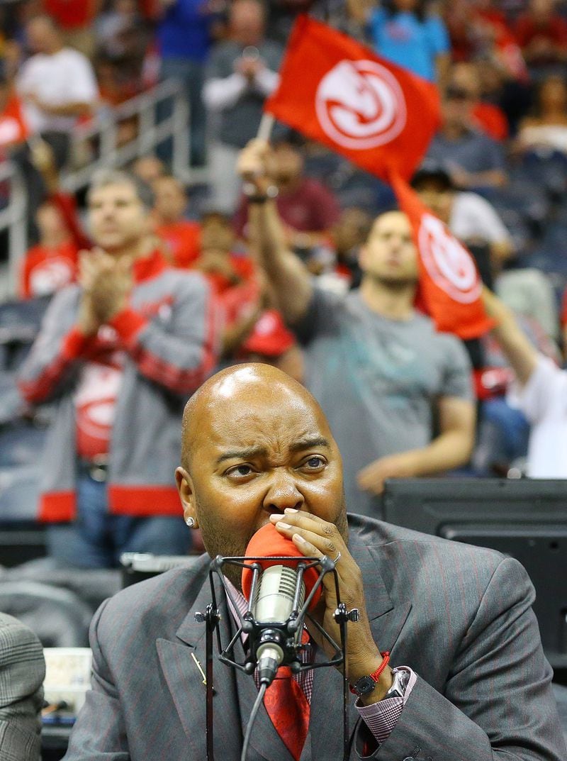 Ryan Cameron as the Hawks in-game announcer in 2015. CURTIS COMPTON / CCOMPTON@AJC.COM
