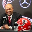 Atlanta Falcons General Manager Terry Fontenot speaks during the introductory press conference of Atlanta Falcons new head football coach Raheem Morris (not pictured) at Mercedes-Benz Stadium, Monday, February 5, 2024, in Atlanta. (Jason Getz / Jason.Getz@ajc.com)