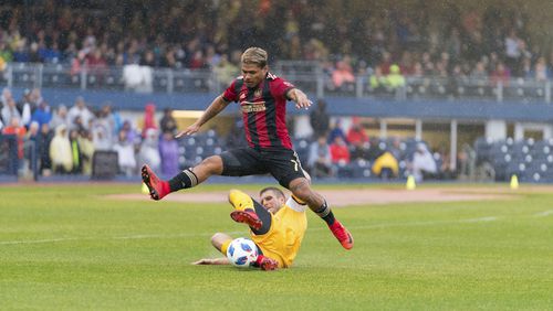 Atlanta United's Josef Martinez tries to run onto a pass in Saturday's friendly against Nashville SC at First Tennessee Park. (Eric Rossitch / Atlanta United)
