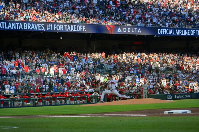 Atlanta Braves starting pitcher Max Fried (54) delivers to the Philadelphia Phillies in the first inning of the NLDS Game 2 in Atlanta on Monday, Oct. 9, 2023.   (Hyosub Shin / Hyosub.Shin@ajc.com)
