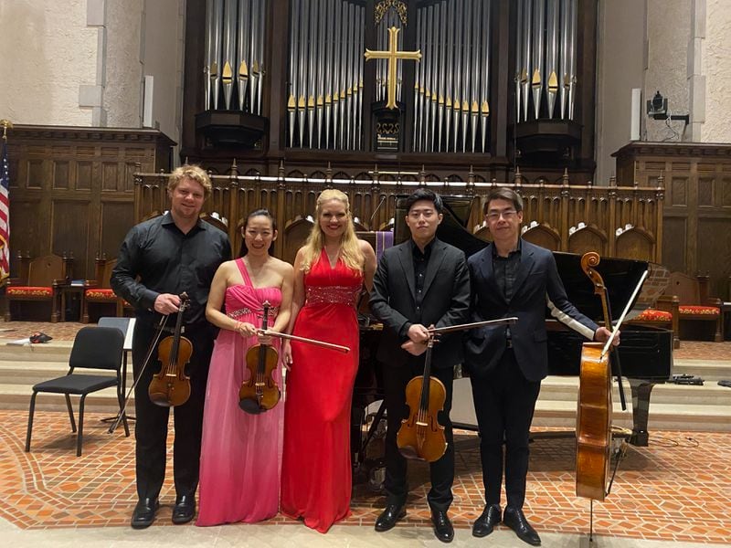 Georgian Chamber Players David Coucheron, violin (from left), Jessica Wu, violin, Julie Coucheron, piano, Zhenwei Shi, viola, and Guang Wang, cello. Photo credit Jordan Owen.