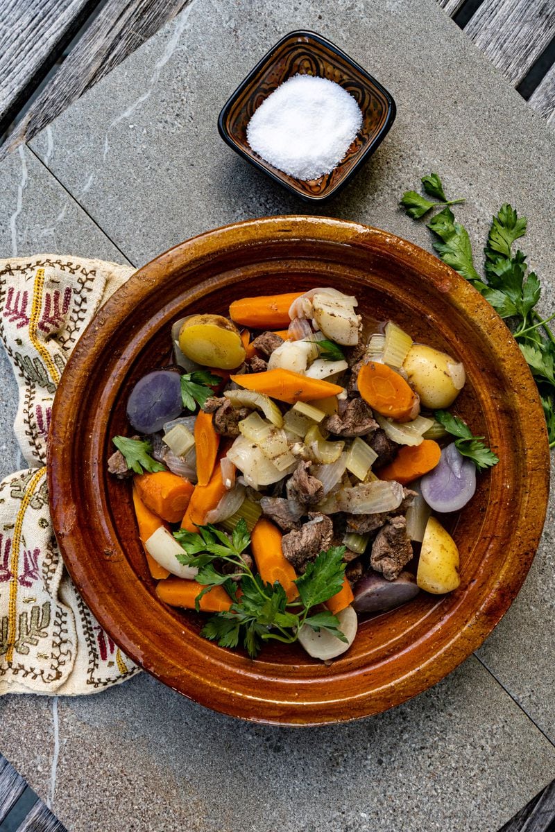 The addition of purple potatoes is an update in the recipe for Yakhnit at Khudar bil-Lahm (Lamb-Vegetable Stew). This recipe is adapted from “Lebanese Cuisine” by Madelain Farah and Leila Habib-Kirske. (Courtesy of Leila Habib-Kirske)
