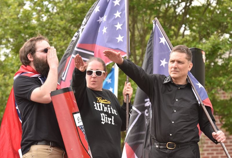 A small group of white supremacists from the National Socialist Movement held a rally at Greenville Street Park in downtown Newnan on Saturday, April 21, 2018. HYOSUB SHIN / HSHIN@AJC.COM