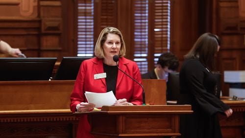 Speaker Pro Tem Jan Jones, R-Milton, speaks in favor of Senate Bill 233 at the Georgia State Capitol on Thursday, March 14, 2024. The bill would give $6,500 a year in state funds to the parents of each child who opts for private schooling. (Natrice Miller/ Natrice.miller@ajc.com)