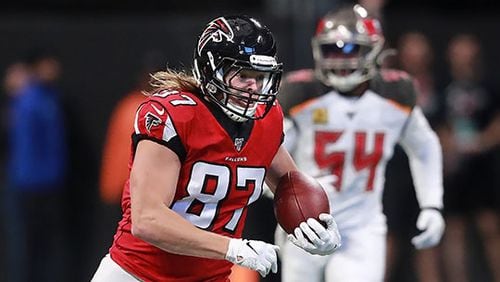 Falcons tight end Jaeden Graham makes a 53-yard reception  during the second play of the game against the Buccaneers Sunday, Nov. 24, 2019, at Mercedes-Benz Stadium in Atlanta.
