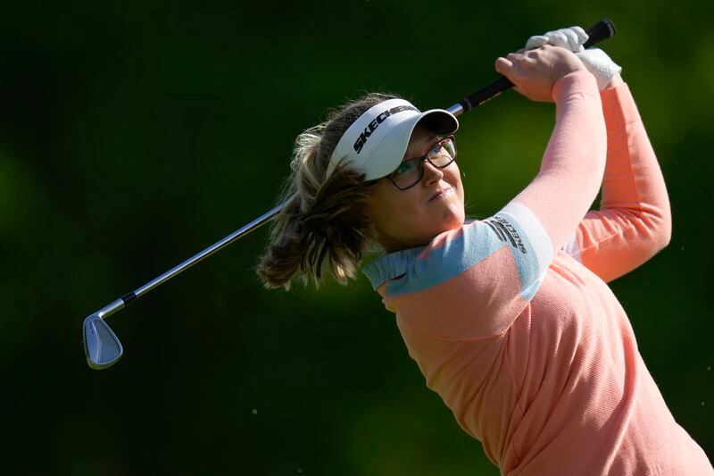 Brooke Henderson, of Canada, hits off the 15th tee during the first round of the LPGA Cognizant Founders Cup golf tournament, Thursday, May 9, 2024, in Clifton, N.J. (AP Photo/Seth Wenig)