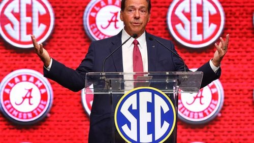 Alabama head football coach Nick Saban speaks at SEC Media Days in the College Football Hall of Fame on Tuesday, July 19, 2022, in Atlanta.   “Curtis Compton / Curtis Compton@ajc.com”