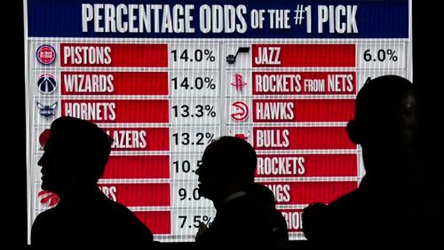 People look at the NBA basketball draft lottery order during the lottery in Chicago, Sunday, May 12, 2024. (AP Photo/Nam Y. Huh)