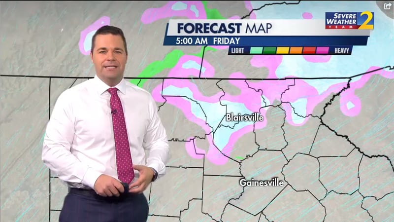 Accumulating snow is possible in the higher elevations of the northeast Georgia mountains as cold air moves in late Thursday and early Friday morning, according to Channel 2 Action News.