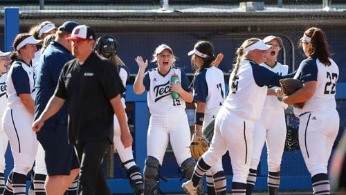 Georgia Tech celebrates its 4-2 win over N.C. State in the first round of the ACC softball tournament May 11 in Pittsburgh. The Yellow Jackets are back in the NCAA Tournament for the first time since 2012. (Davie Hague/ACC)