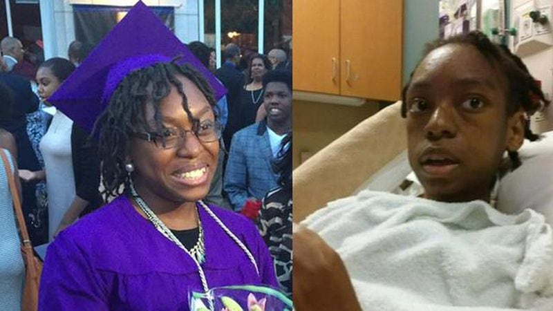 Iasia Sweeting, on the left after graduating high school in 2016, and on the right, in the hospital after police found her from a hotel in Peachtree Corners, where she was allegedly starved. (Channel 2 Action News)