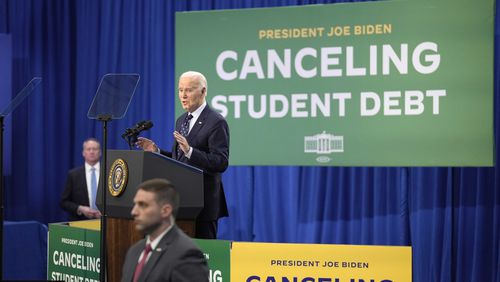 President Joe Biden speaks at an event about canceling student debt, at the Madison Area Technical College Truax campus on Monday, April 8, 2024, in Madison, Wis. (AP Photo/Kayla Wolf)