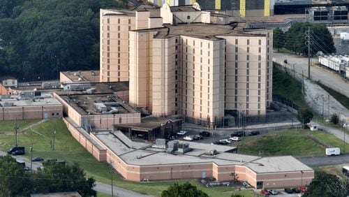 Aerial photo shows the Fulton County Jail, Tuesday, August 22, 2023, in Atlanta. (Hyosub Shin / Hyosub.Shin@ajc.com)