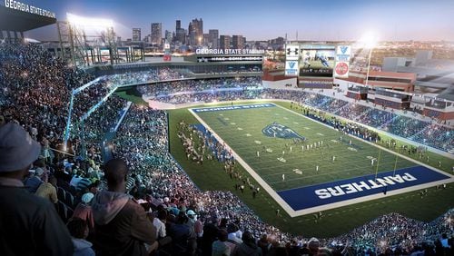 A rendering of Turner Field as a Georgia State Panthers football stadium, the cornerstone of a $300 million mixed-use development and southern extension of Georgia State's campus.