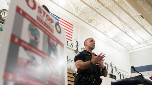 Marietta Police Maj. Jake King speaks during an active-shooter seminar at Marietta High School on Monday, Feb. 26, 2018, in Marietta, Ga. BRANDEN CAMP/SPECIAL
