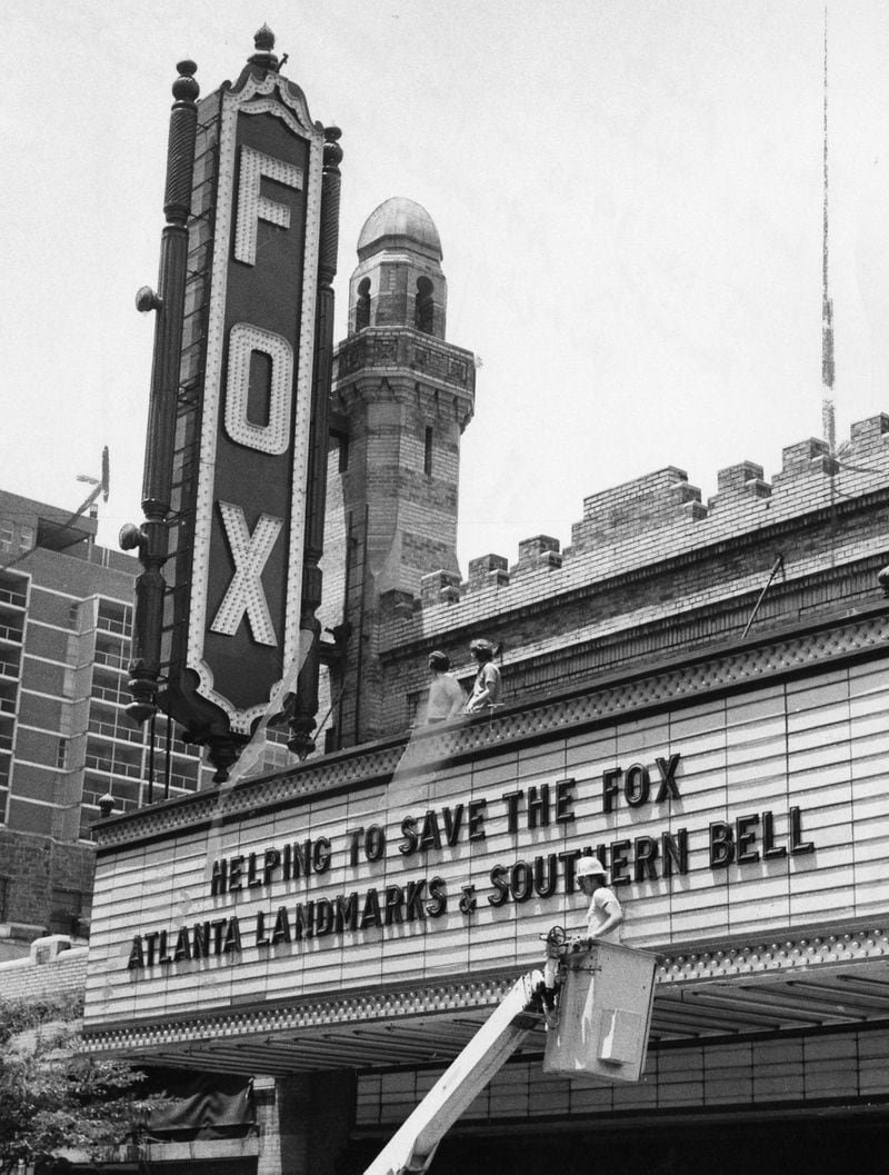 The Fox Theatre marquee announces Atlanta Landmarks' and Southern Bell's effort to save the Fox in June 1975. 
MANDATORY CREDIT: BILLY DOWNS / THE ATLANTA JOURNAL CONSTITUTION