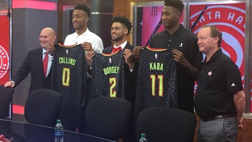 The Hawks introduced their 2017 NBA Draft class on Monday with (left to right) general manager Travis Schlenk, John Collins, Tyler Dorsey, Alpha Kaba and head coach Mike Budenholzer. Photo by Chris Vivlamore.