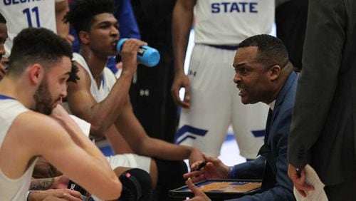 Ron Hunter gives the Georgia State Panthers a pep talk.