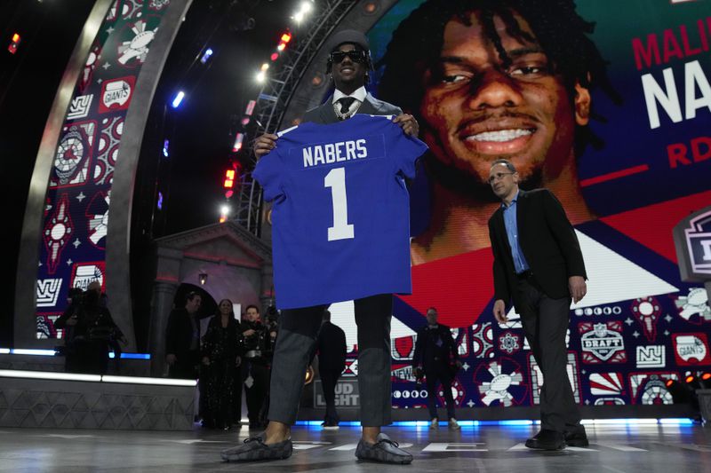 LSU wide receiver Malik Nabers poses after being chosen by the New York Giants with the sixth overall pick during the first round of the NFL football draft, Thursday, April 25, 2024, in Detroit. (AP Photo/Jeff Roberson)