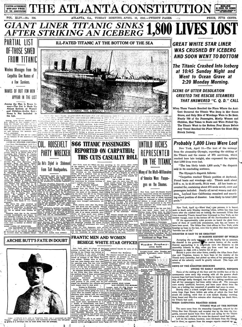 The Tuesday, April 16, 1912 edition of The Atlanta Constitution devotes almost its entire front page to the sinking of the Titantic ocean liner. (AJC Archive)