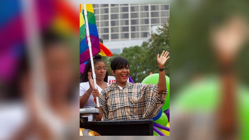 Mayor of Atlanta Keisha Lance Bottoms waves to the crowd as she makes her way down Peachtree Street during the 49th Annual Pride Festival and Parade in Atlanta Sunday, Oct 13, 2019.  STEVE SCHAEFER / SPECIAL TO THE AJC