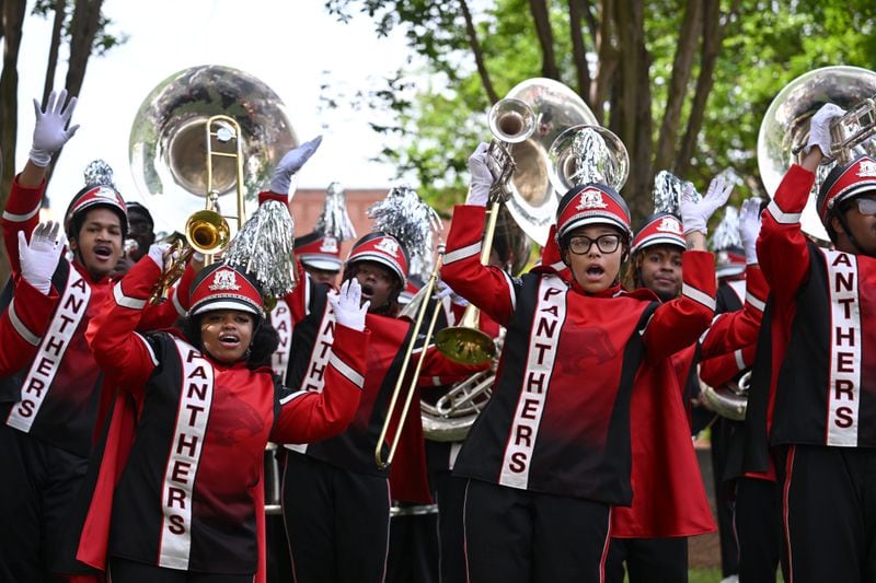 Clark Atlanta University's marching band performs outside Ebenezer Baptist Church on Friday, April 26, 2024. Rico Wade, an architect of Southern Hip Hop and one-third of the Grammy-nominated, multi-platinum-selling legendary production team Organized Noize and the de facto leader of The Dungeon Family, will be eulogized privately and by invitation only for family and friends on Friday, April 26, 2024. (Hyosub Shin / AJC)