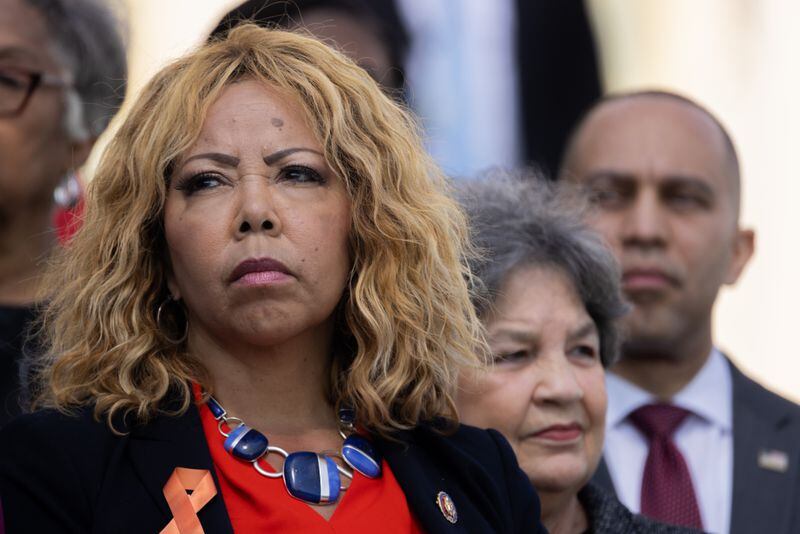 U.S. Rep Lucy McBath, D-Marietta, is seen wearing an anti-assault rifle pin at a House Democratic news conference on gun violence on March 29th, 2023 in Washington, DC. She spoke out again Wednesday after the shootings in Midtown. (Nathan Posner for the Atlanta Journal-Constitution)